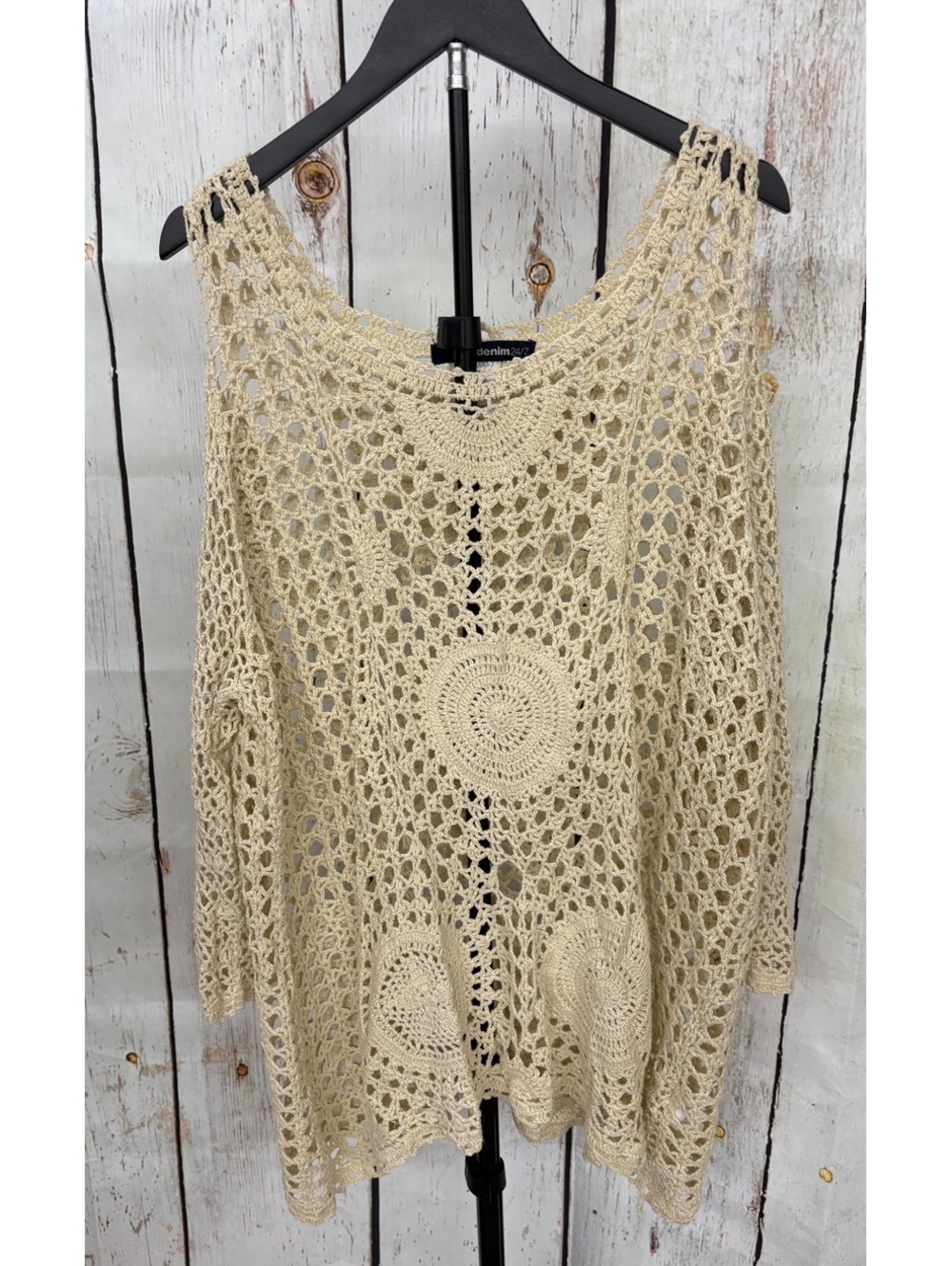 Denim 24/7 Boho Crochet Cold Shoulder Tunic Top Beige Knit Plus Size 1X